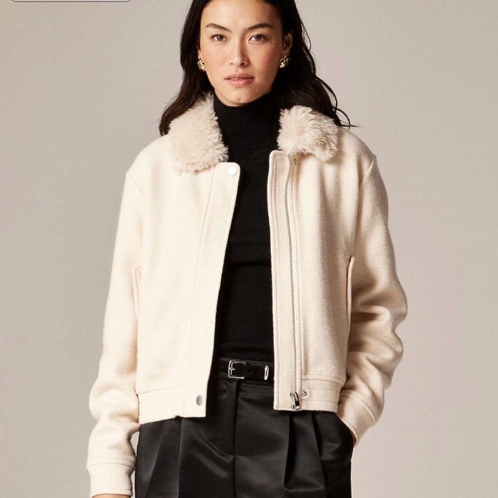 J. Crew Cream Teddy Jacket with Faux Fur Collar